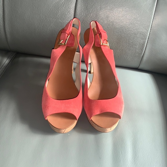 MICHAEL MICHAEL KORS Cork Platform Suede Peep Toe Slingbacks in Coral - Picture 2 of 7